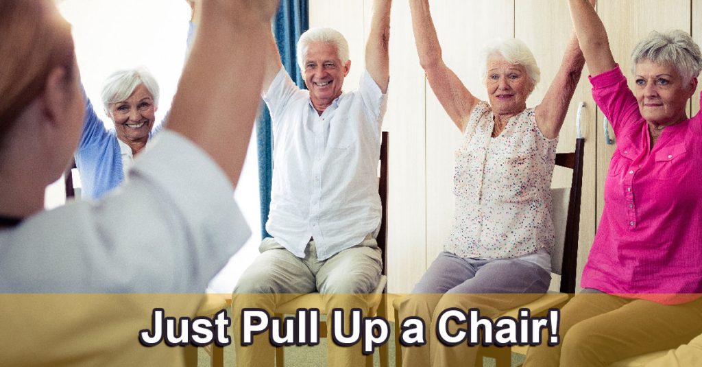Seniors enjoying exercises using chairs.