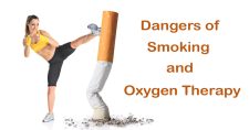 The Perils of Smoking in the Presence of Oxygen Therapy. Picture of a young caucasian female kicking a huge cigarette butt.